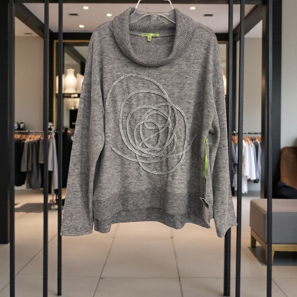Trisha Tyler Swirl Embroidered Mock Neck Sweater – Grey NEW